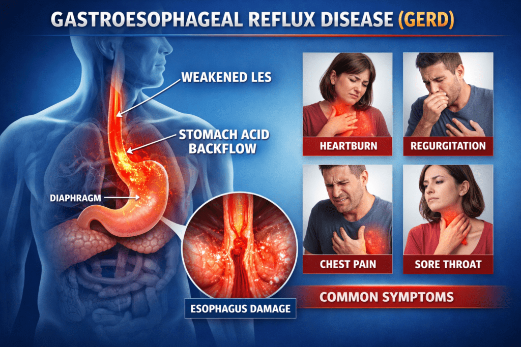 GERD symptoms and acid reflux diagram showing heartburn and digestive issues treated by gastroenterologist in Raipur