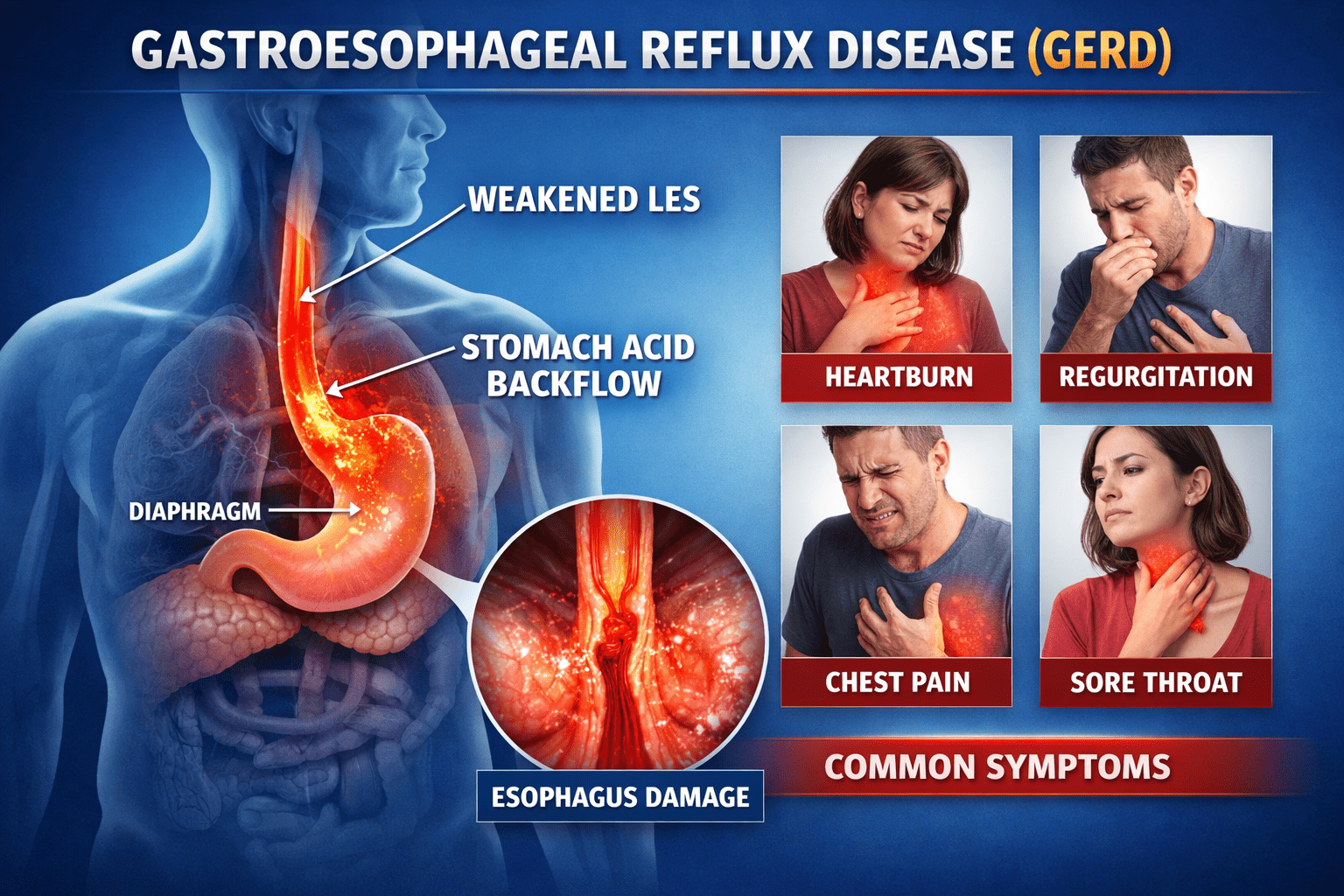 GERD symptoms and acid reflux diagram showing heartburn and digestive issues treated by gastroenterologist in Raipur