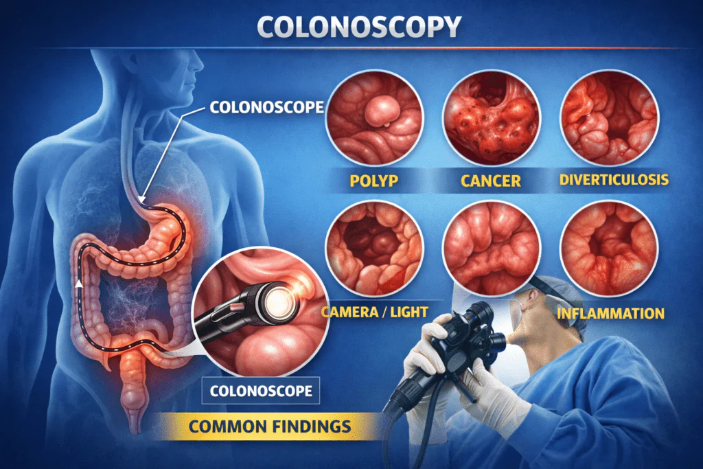 Colonoscopy procedure illustration for diagnosis of colon diseases by gastroenterologist in Raipur