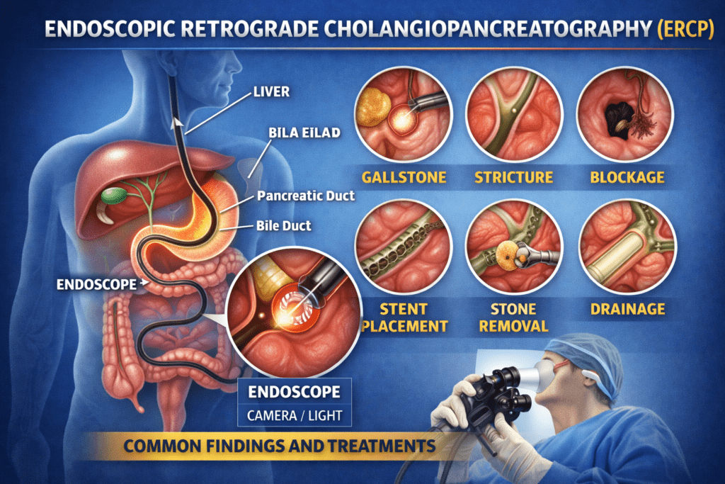ERCP procedure illustration showing bile duct and pancreatic treatment by gastroenterologist in Raipur
