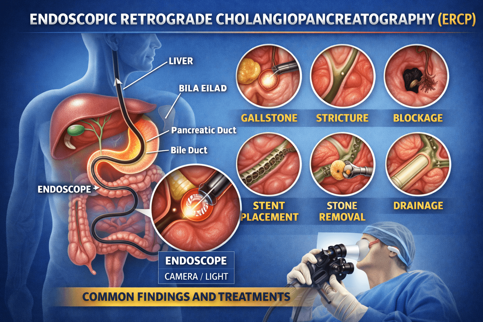 ERCP procedure illustration showing bile duct and pancreatic treatment by gastroenterologist in Raipur