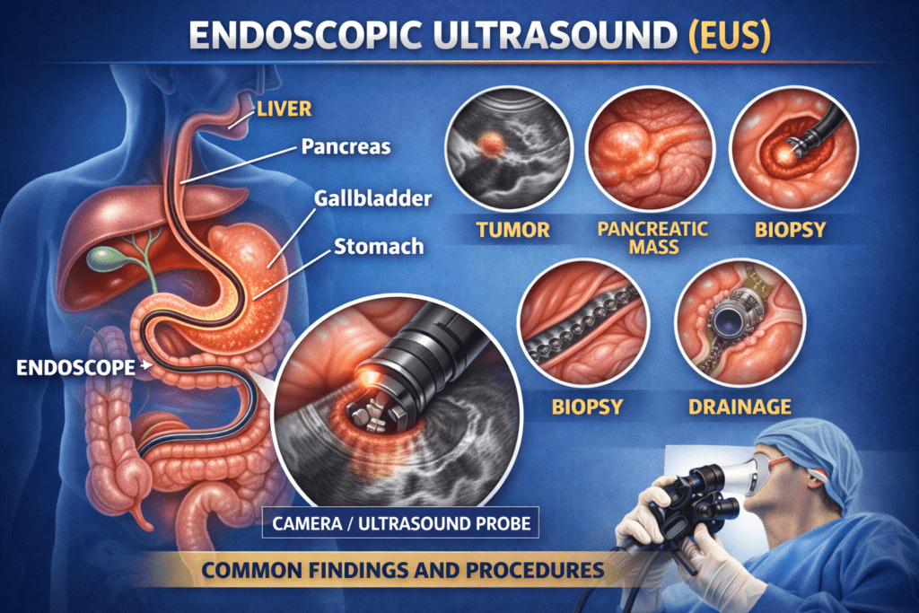 Endoscopic ultrasound EUS procedure illustration for digestive diagnosis by gastroenterologist in Raipur
