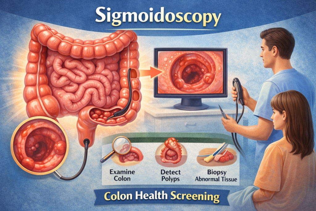 Sigmoidoscopy procedure for colon health screening by Dr. Lunia, Best Gastroenterologist in Raipur