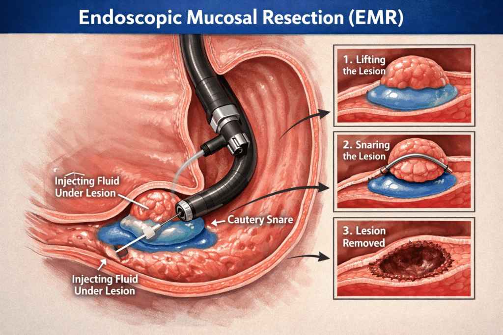 Endoscopic mucosal resection EMR procedure removing lesion by Dr Lunia Best Gastroenterologist in Raipur