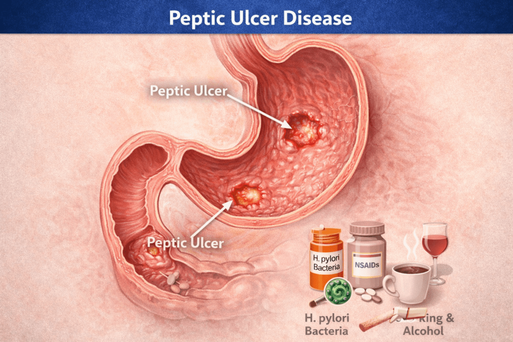Peptic ulcer disease illustration showing stomach ulcers caused by H. pylori, NSAIDs, smoking, and alcohol