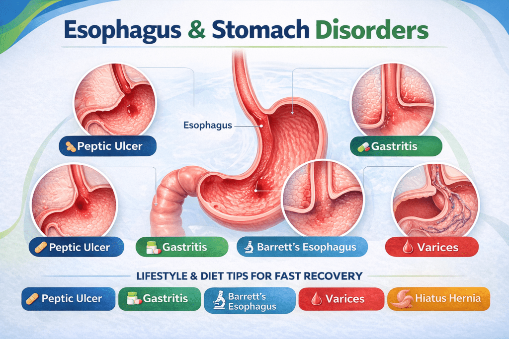 “Esophagus and stomach disorders illustration showing peptic ulcer gastritis Barrett’s esophagus and varices by Dr Manish Lunia Gastroenterologist and Hepatologist in Raipur”