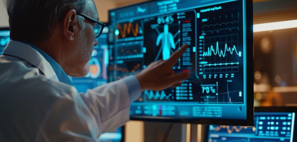 Dr Manish Lunia reviewing endoscopic mucosal resection EMR procedure data on digital screen for gastrointestinal diagnosis