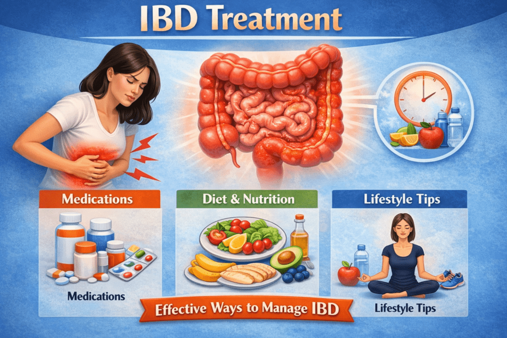 IBD Treatment infographic showing medications diet nutrition and lifestyle tips by Dr Manish Lunia Best Gastroenterologist in Raipur