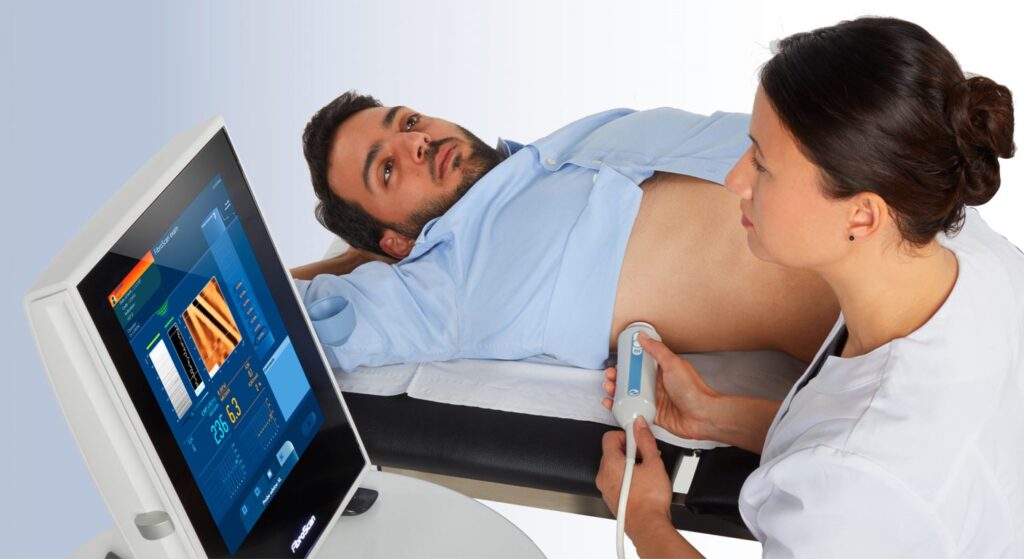 Fibroscan test showing liver elastography procedure for non-invasive liver stiffness measurement by Dr Manish Lunia Best Gastroenterologist in Raipur