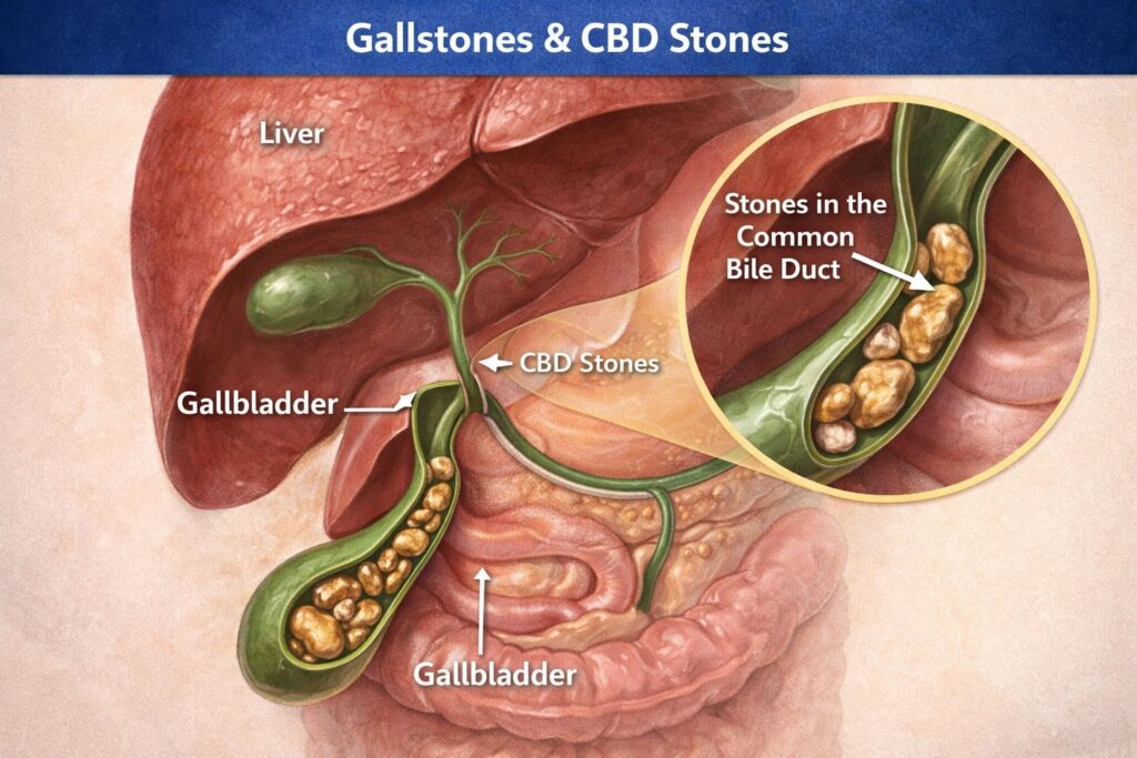 Gallstones and CBD stones diagram showing stones in gallbladder and common bile duct with liver anatomy