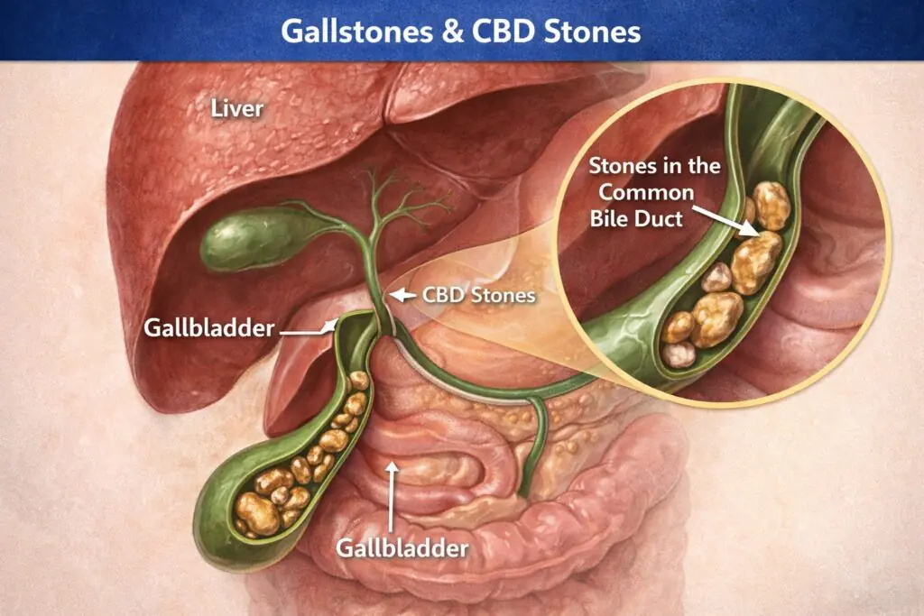 Gallstones and CBD stones diagram showing stones in gallbladder and common bile duct with liver anatomy