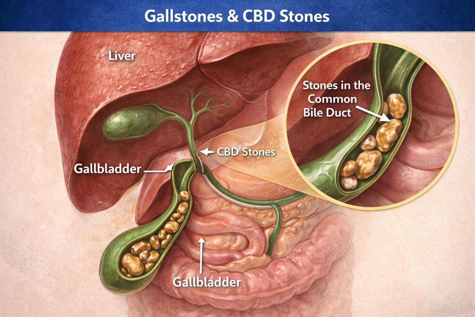 Gallstones and CBD stones diagram showing stones in gallbladder and common bile duct with liver anatomy