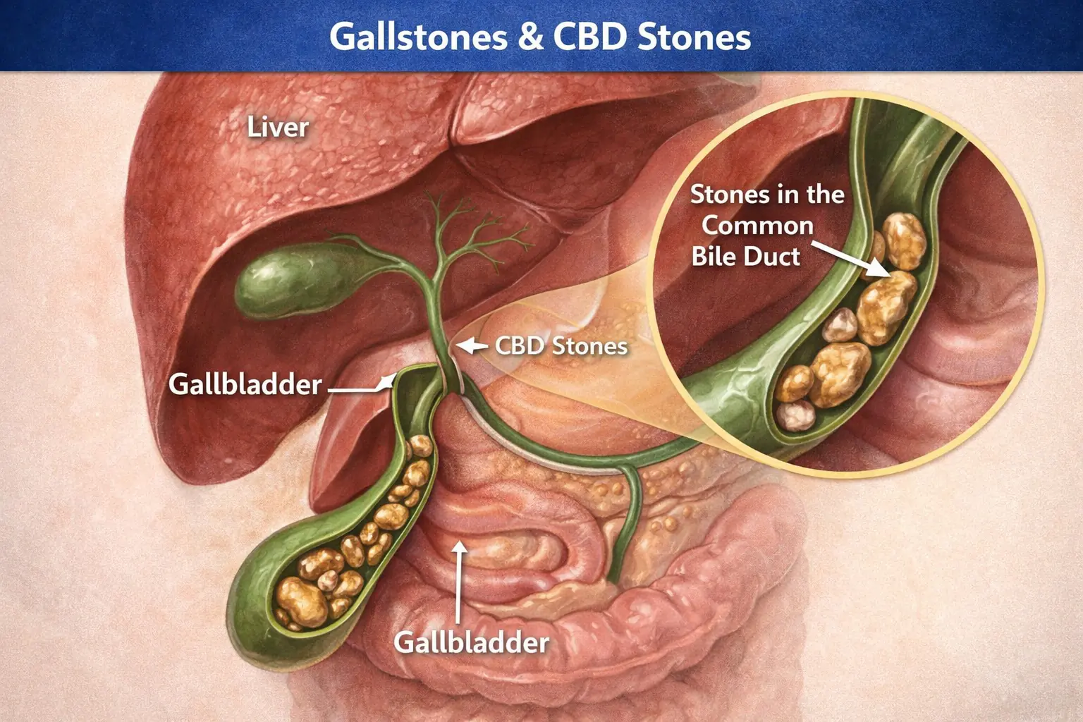 Gallstones and CBD stones diagram showing stones in gallbladder and common bile duct with liver anatomy