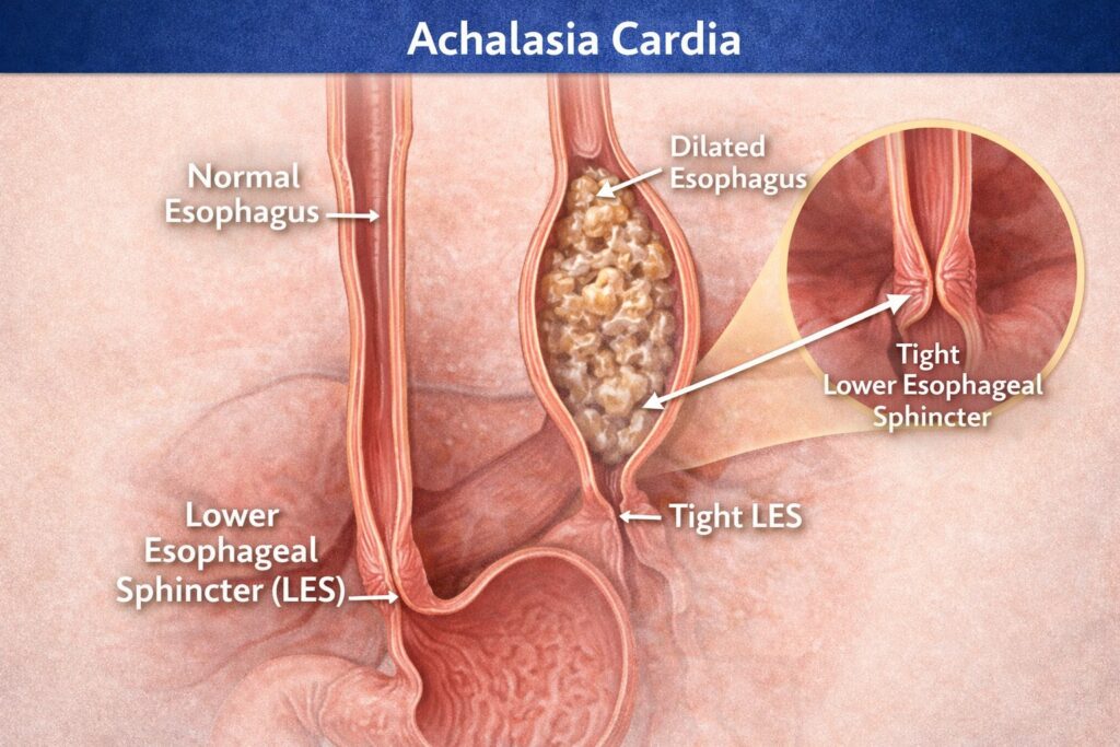 Esophagus blockage illustration showing food stuck in esophagus and swallowing difficulty condition