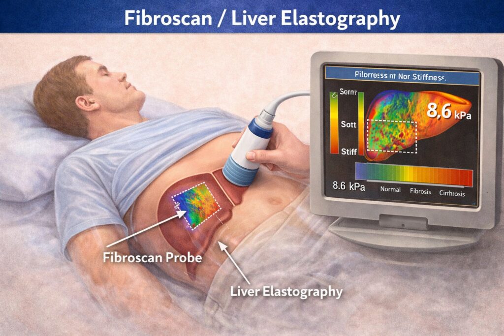 Fibroscan liver elastography test by Dr Manish Lunia showing non-invasive liver stiffness measurement by Best Gastroenterologist in Raipur