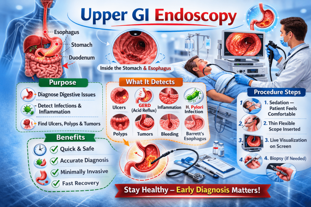 Upper GI Endoscopy procedure showing esophagus stomach and diagnosis by Dr Lunia Best Gastroenterologist in Raipur